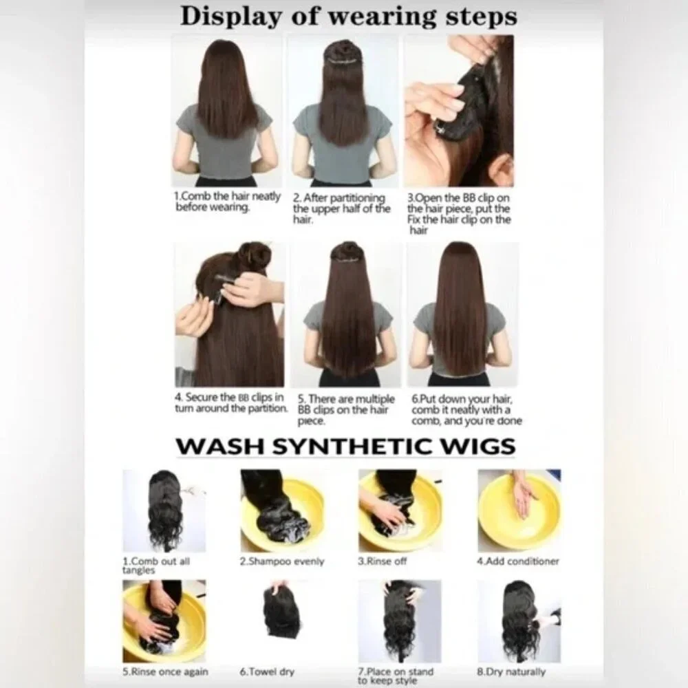 Human Hair Blend Clip-In Extensions | Long Straight Silky Hair | Dark Brown #3